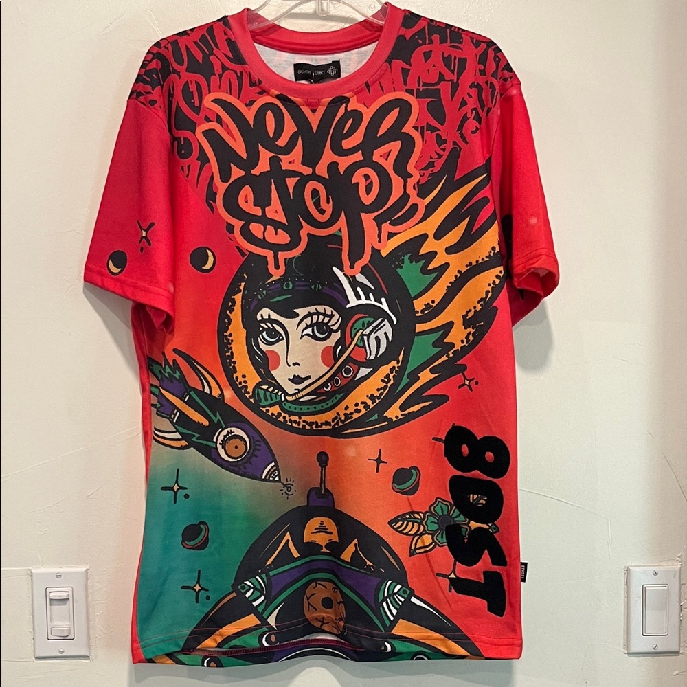 Bold Graphic Tee with Red and Orange Accents